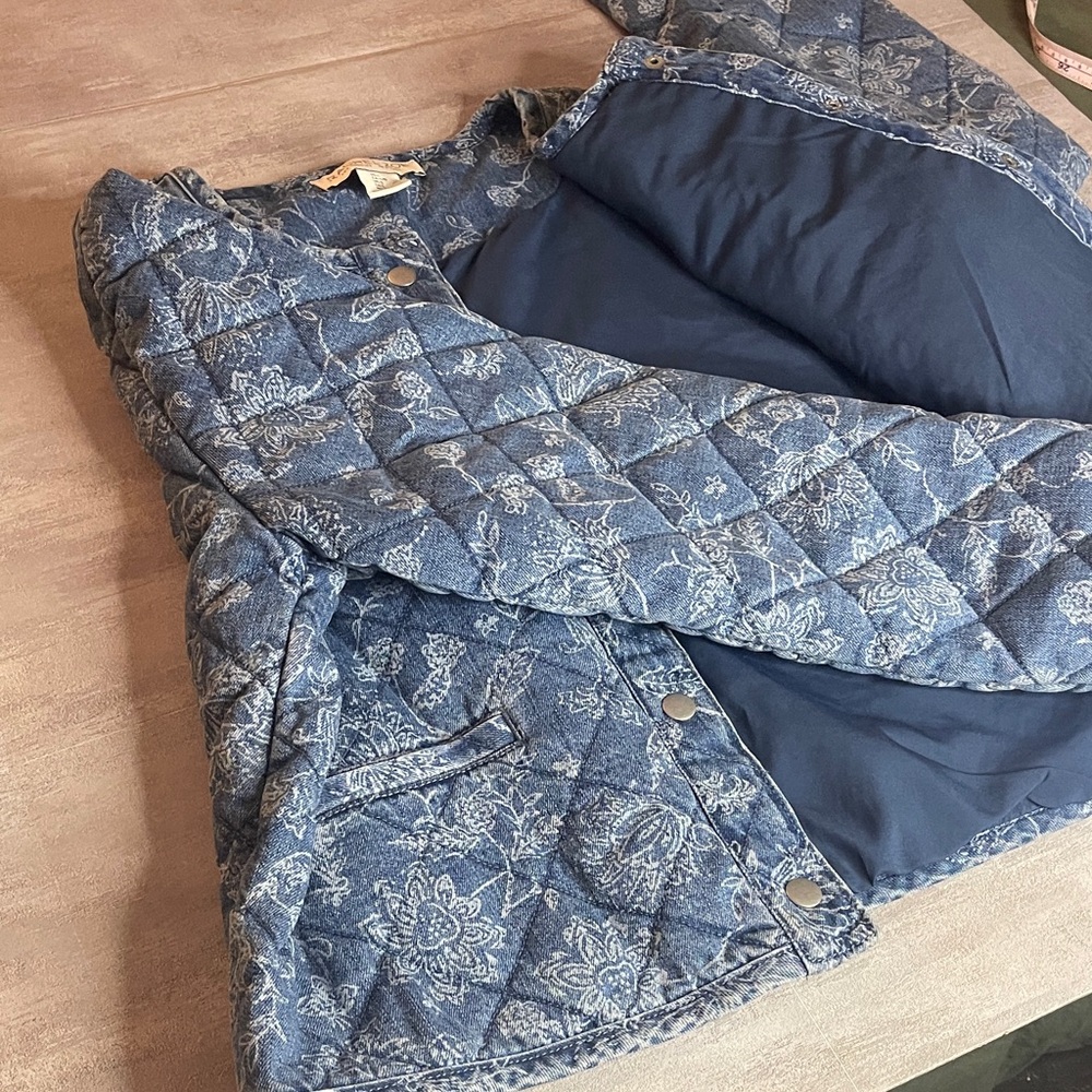 Rachel Zoe Blue Denim Floral Quilted Jean Jacket - sz L - Picture 6 of 8